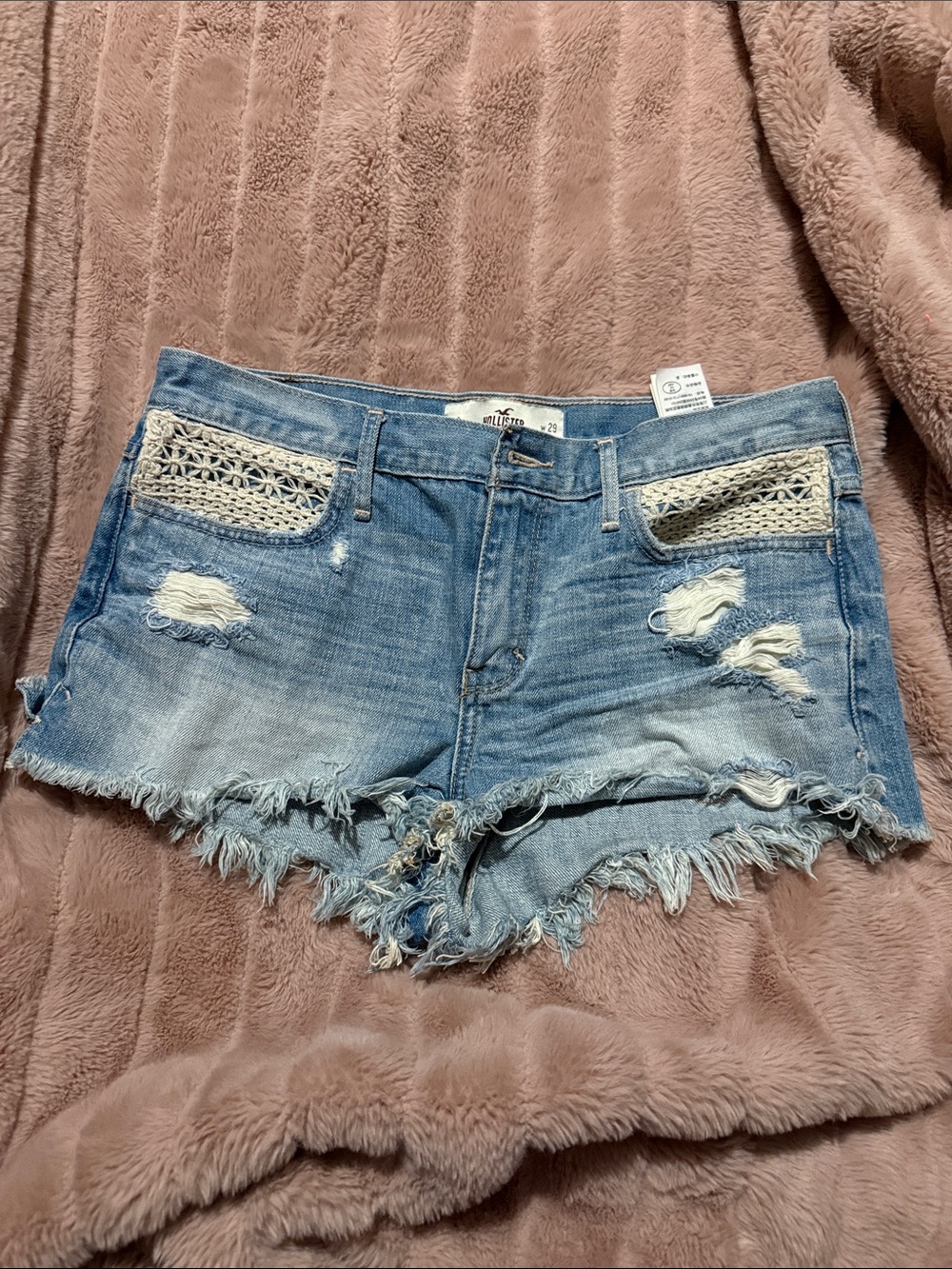 Hollister Light Blue Distressed Denim Shorts with Crochet Pockets